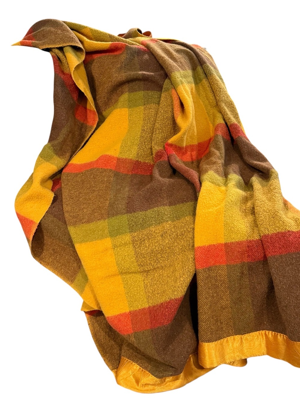 Vintage satin trim plaid fall throw blanket coverlet retro 70s orange brown